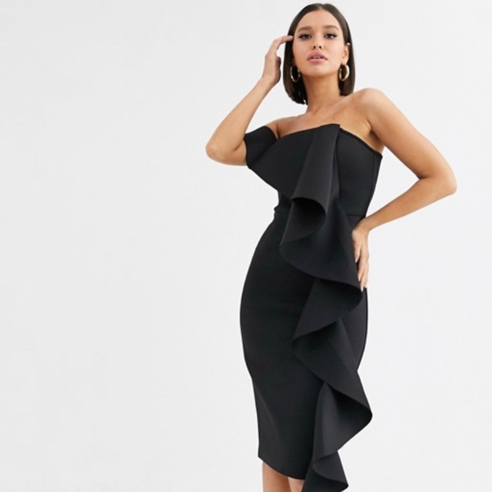 Lavish Alice Black Bardot Scuba Ruffle Dress